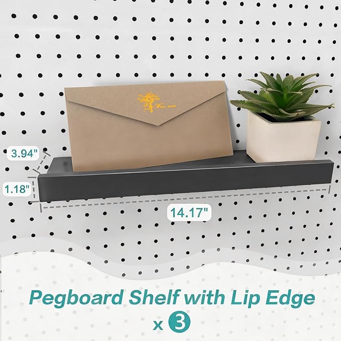 Black Pegboard Shelves with Lip, 14" x 4" Peg Board Racks 3Pack Wall Organizer Shelf, 1/4 inch Heavy Duty Metal Brackets Fit All Pegboards, Display Craft Garage Workbench Office Shelving Accessories
