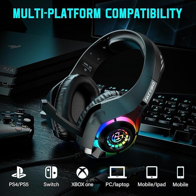 Tatybo Gaming Headset for PS4 PS5 Xbox One PC, Over-Ear Gaming Headphones with Surround Sound, Noise Canceling Mic, RGB Light