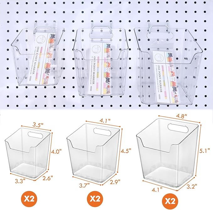 LIGHT DUST Clear Pegboard Cups with Hooks, 1/8" & 1/4" Peg Board Orangizer Accessories Aesthetic Decoration for Garage Workbench Craft Room Office Playroom Organization (6, S/M/L)