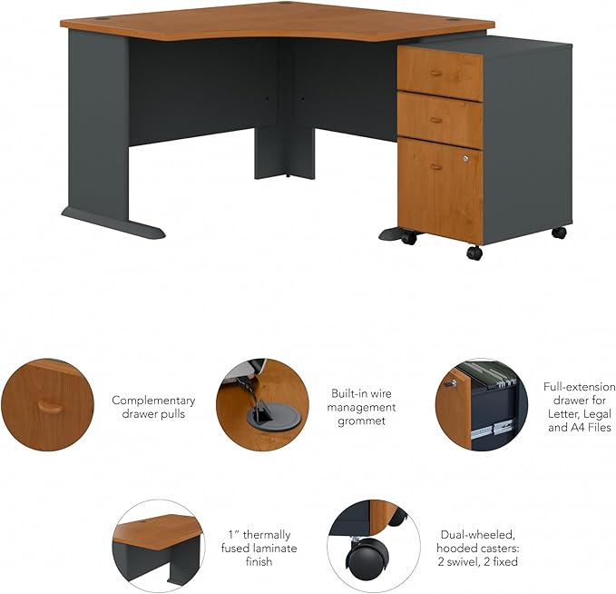 Bush Business Furniture Series A 48W Corner Desk with Mobile File Cabinet in Natural Cherry and Slate