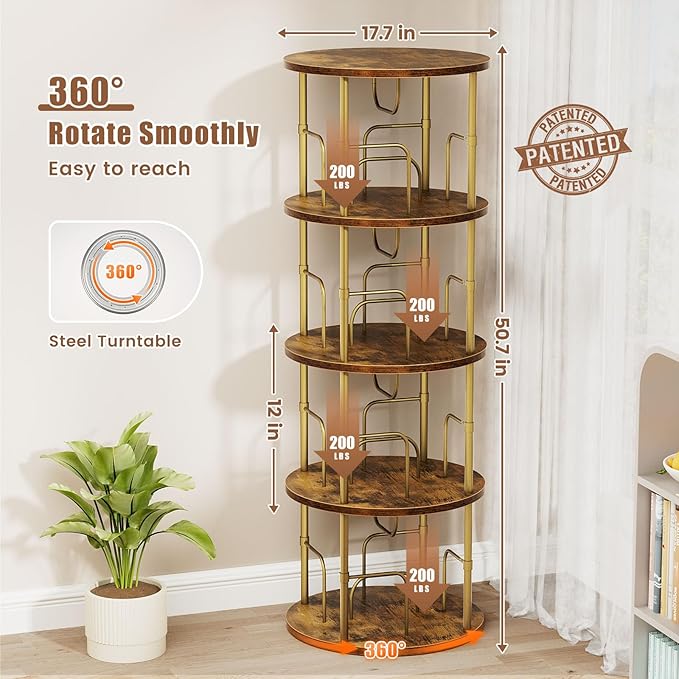 ALLSTAND Rotating Bookshelf, 4 Tier Spinning Bookshelf Tower, 360° Display Unique Round Bookcase, Floor Standing Corner Revolving Bookshelf Storage Organizer for Small Spaces, Home Study Office, Gold