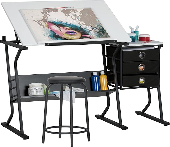 2 Piece Eclipse Ultra Center/Drawing Table with Stool, Angle Adjustable Top, Storage Shelves, and Drawers