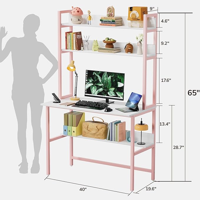 Aquzee Computer Desk with Hutch, 40“W x 19.6" D Desk with Shelves, Tall Home Office Desk with Bookshelf, Metal Legs Study Table with Upper Storage Shelf for Study Writing/Workstation, Pink
