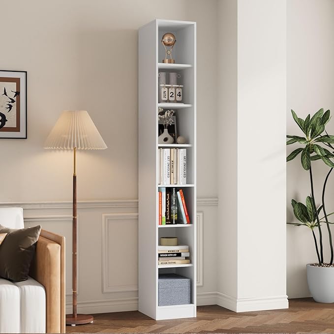 TUSY 85.5 Inch Tall Bookshelf with Doors - 7 Tier Bookcase with Glass Doors and Drawer, 23.6" Wide Storage Cabinet with Open Shelves for Living Room, White Book Shelf for Home Office, Study (C)
