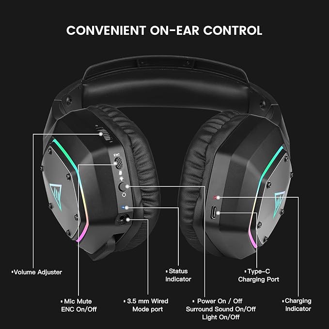 EKSA Wireless Gaming Headset for PS4 PS5 PC, 7.1 Surround Sound Headset with Mic ENC & RGB Light, 36 Hour Battery, 2.4G USB Gaming Headphones for Computer, Laptop, 3.5mm Jack
