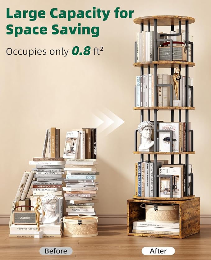 Kalrin 5 Tier Rotating Bookshelf with Extra Storage Cabinet, 360°Spinning Corner Bookshelf, Floor Standing Bookcase for Kids & Adult, Narrow Book Shelf for Bedroom Living Room, Vintage Brown