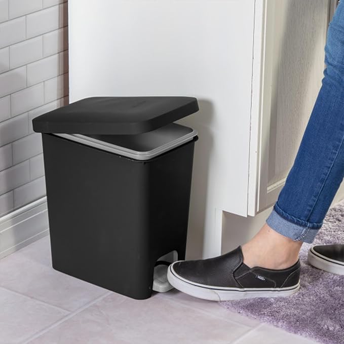 Sterilite 2.7 Gallon Rectangular Step On Kitchen Trash Bin Plastic Indoor Wastebasket with Removable Liner and Bag Holding Feature, Black (4 Pack)