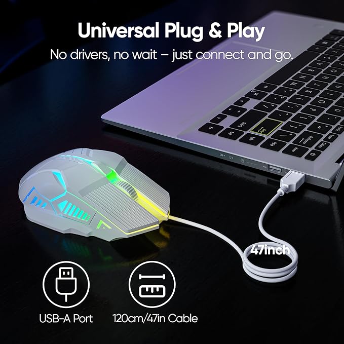 MELOGAGA Wired Gaming Mouse - Lightweight USB Optical Computer Mice with 7-Color RGB LED Lights, 4 Adjustable DPI (1200-3200), 6 Buttons, Ergonomic Design for Windows 7/8/10/XP/Vista & Linux (White)