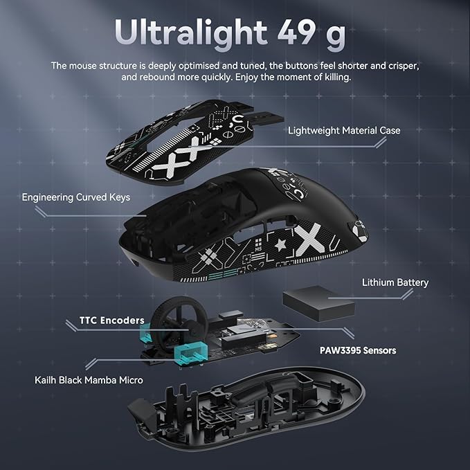 MAMBASNAKE Attack Shark X3 Wireless Gaming Mouse, 49g Ultralight, PixArt PAW3395 26000 DPI, Bluetooth/2.4Ghz /Wired Tri-Mode, 200Hrs Rechargeable Battery, Kailh GM8.0 Switch for PC/MAC/Win Black&Tape