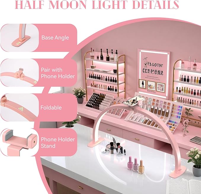 Kadden Foldable Large Half Moon LED Light for Table Nail Desk with Phone Stand, Upgrade Arch Light for Nail Techs with Wire Controller for Manicure Tattoo Beauty (Pink, Large)