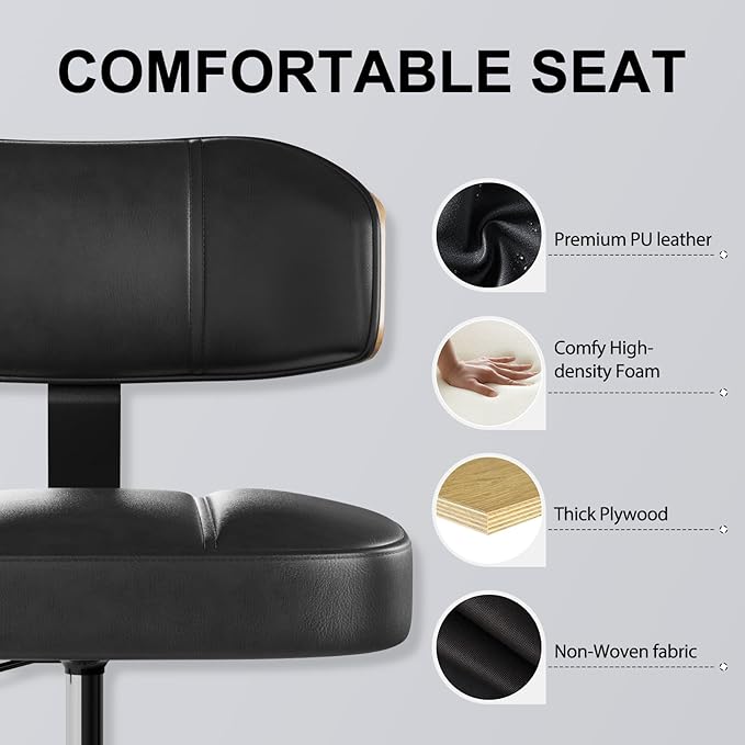 Drafting Chair with Lockable Wheels, Tall Chair Adjustable Stool with Curved Walnut Backrest and Footrest Ring, PU Leather Ergonomic Rolling Chair 300LBS Capacity for Office Workstation(Black)