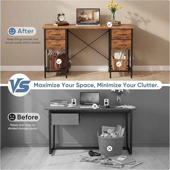 DUMOS Computer Desk with 4 Drawers Home Office Table with Mesh Shelf for Work Study Writing Gaming Storage Furniture for Bedroom,55 inch Rustic Brown