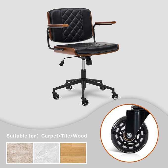 Home Office Desk Chair with Rubber Wheels, Adjustable Height Office Chair with Arms, Leather Mid Back 360° Small Computer Chair, Modern Walnut Chair for Office, Reading Meeting Room (Black)