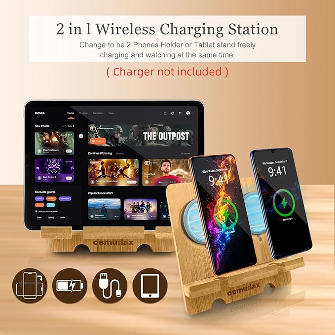 Bamboo Dual Cell Phone Holder for iPhone/iPad, Wood Wireless Charging Station Tablet Holder Nightstand, Double Phone Holder Desktop Stand for iPhone 17/16/15/14/13/12/11 Series and Android