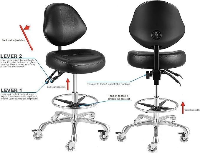 Rolling Drafting Chair with Back Support - Tall Office Chair for Standing Desk Adjustable Foot Ring Swivel Rolling Stools for Workshop Art Studio Salon Shop Counter Home Office (Black)