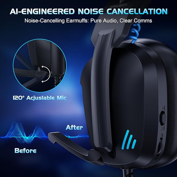 Vakedy Wired Gaming Headset for PC, PS5, PS4, Switch, Gaming Headphones with Noise Canceling Microphone,Computer Headsets with 3.5mm Audio Jack,Folding Design (Black/Blue)