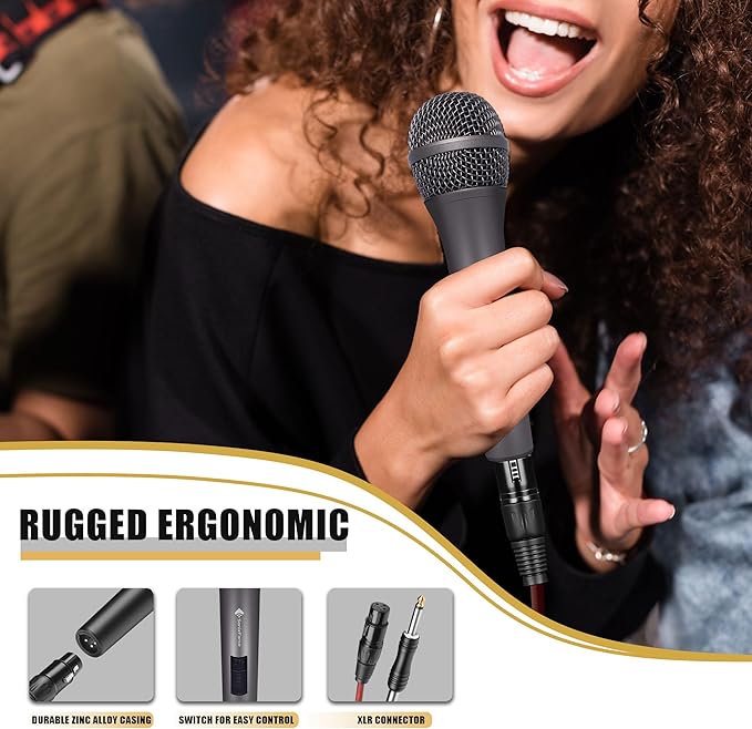 Professional Dynamic Microphone for Singing Karaoke Microphone with 16ft XLR to 1/4'' Audio Cable, Vocal Handheld Mic for Podcast Mixer Amplifier PA System