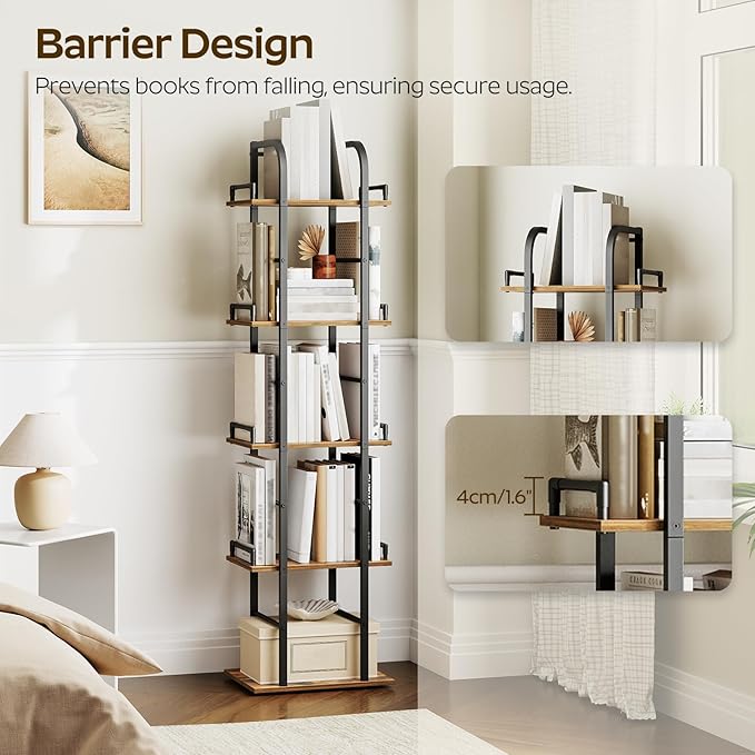 YATINEY 5 Tier Rotating Bookshelf, Freestanding Corner Bookshelf, 360 Spinning Bookcase Tower, Tall Industrial Style Organizer, Storage Shelf Bookcase for Living Room, Study, Rustic Brown SJ02BR