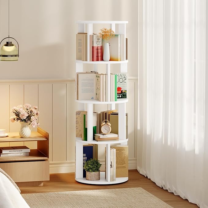 MAHANCRIS 4-Tier Rotating Bookshelf, 360° Spinning Bookshelf Tower, Floor Standing Round Revolving Bookcase, Display Rack for Books, CDs, for Living Room, Study, Bedroom, White BKWT6401