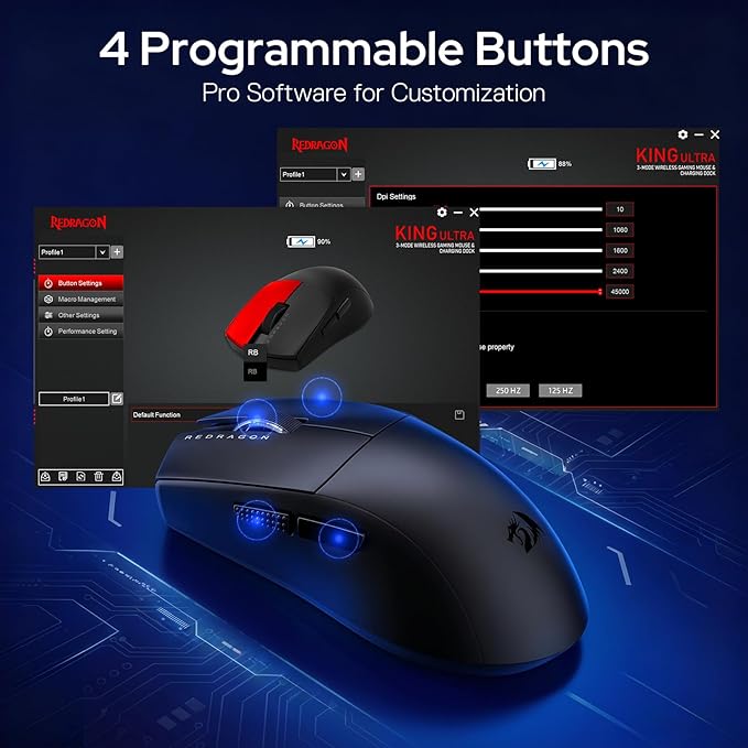 Redragon M999 Wireless Gaming Mouse, Tri-Mode Mouse with RGB Magnetic Charging Dock, 45000 DPI MAX Adjustable, 4 Programmable Buttons, Ergonomic Design for PC Laptop Mac