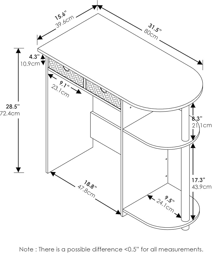 Furinno GO GREEN Desk, 31.5" Wide Gaming Desk with 2 Side Shelves and Storage Bins, Computer Desk, Office Desk for Home Office, Study Room, Dorm, Bedroom, Dark Walnut
