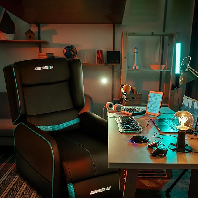 BOSSIN Gaming Recliner Chair for Adults 400lbs Racing Style Sofa Big and Tall PU Leather Recliner Seating, Modern Ergonomic Lounge Comfortable Home Movie Theater for Living Room(Cyan)