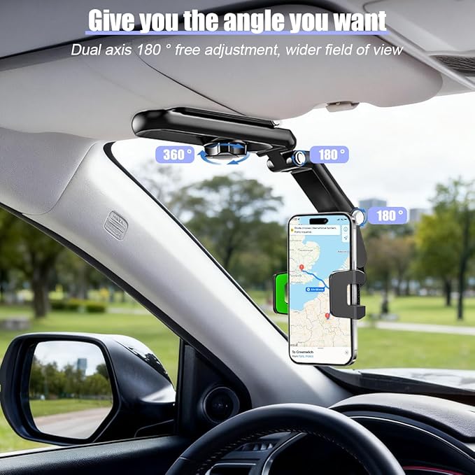 Car Sun Visor Phone Holder, Multifunctional 1080° Rotatable Retractable Vehicle Rearview Cell Phone Mount, Automotive Interior Visor Smartphone Holder, Universal for SUV RV Truck (Green)