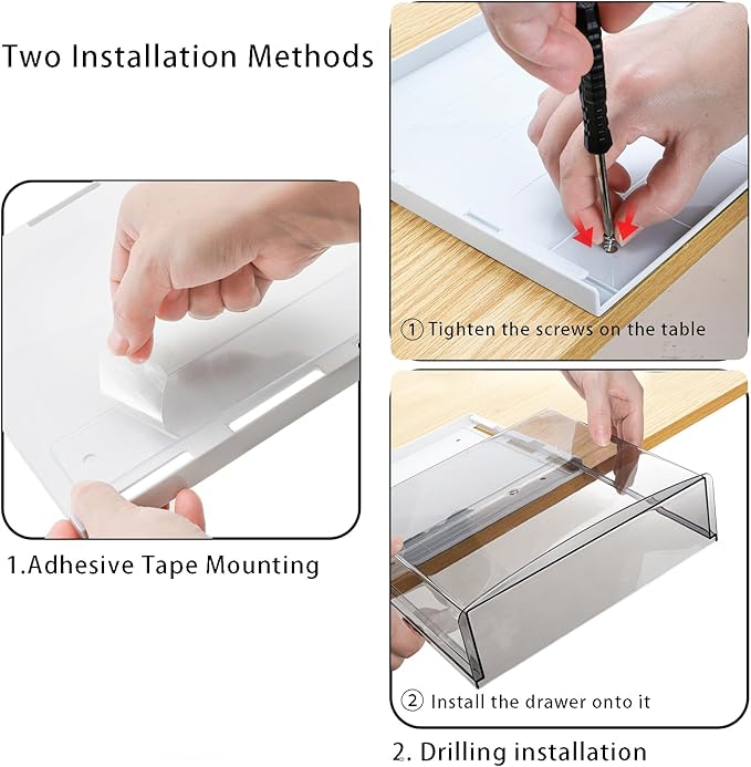 SOUJOY 2 Pack Self-adhesive Under Desk Drawer, Hidden Slide Out Organizer Tray, Plastic Under Table Attachable Hidden Storage Organizer for Office Home School Kitchen Sewing Table