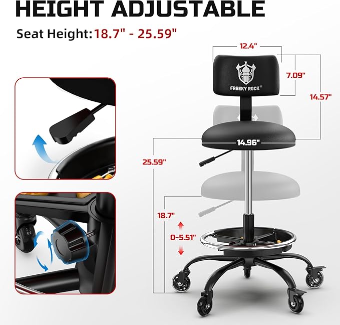 Rolling Shop Stool with Wheels, Garage Mechanic Stool Chair with Backrest, Height Adjustable Heavy Duty Swivel Task Chair, Adjustable Footrest with Storage Tray for Garage Kitchen Salon Tattoo (Black)