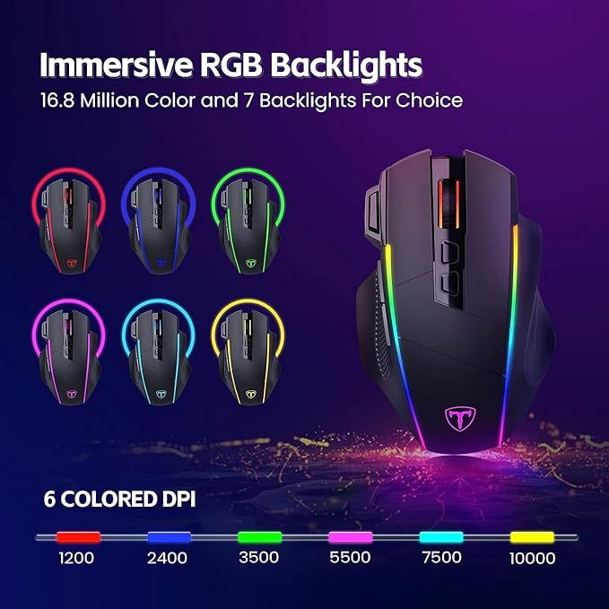 RisoPhy Wireless Gaming Mouse,Tri-Mode 2.4G/USB-C/Bluetoothy, Up to 10000DPI,Chroma RGB Backlit,Ergonomic with 8 Programmable Buttons,Rechargeable Computer Mouse for Laptop,PC,Mac