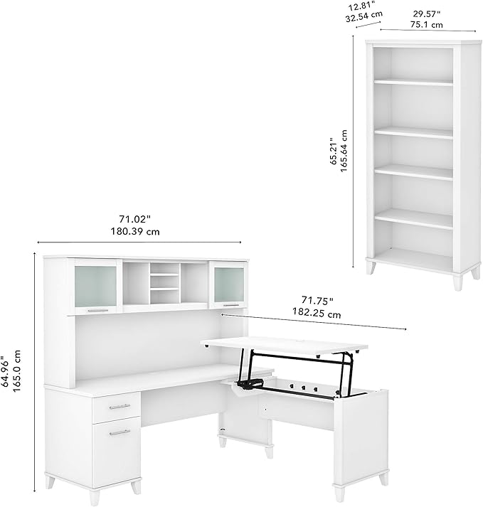 Bush Furniture Somerset 72W 3 Position Sit to Stand L Shaped Desk with Hutch and Bookcase in White
