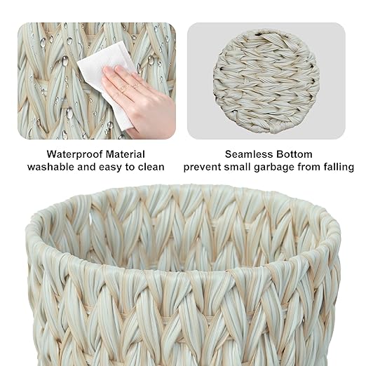 Coeusy Wicker Trash Can,Bathroom Trash Can,Wicker Waste Basket for Bathroom,Decorative Boho Small Waste Basket for Bedroom,Office,Cream White 2 Gallon