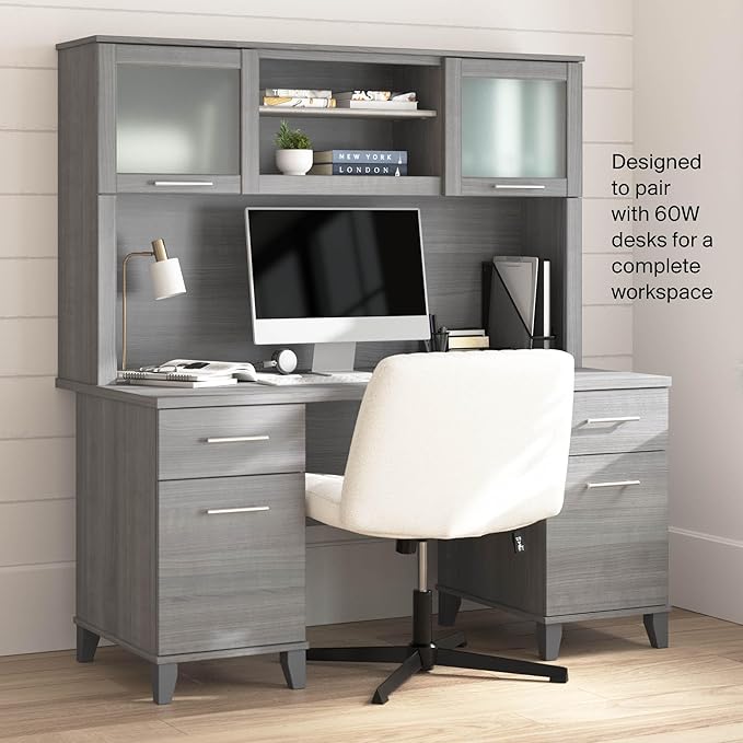 Bush Home 60-Inch Desk Hutch, Office Storage Organizer with Shelves, Cubbies and Frosted Glass Doors for Computer Desk, Home Office Furniture, Somerset Collection, Platinum Gray