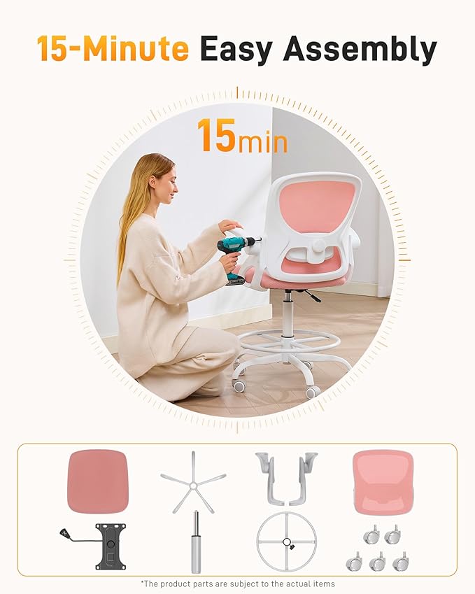 LukkDys Drafting Chair with 4D Multi-Adjustable Backrest, Tall Office Chair 19.7"-27.6" Seat Height, Ergonomic Standing Desk Chair with Flip-up Arms, Foot Ring, Pink&White