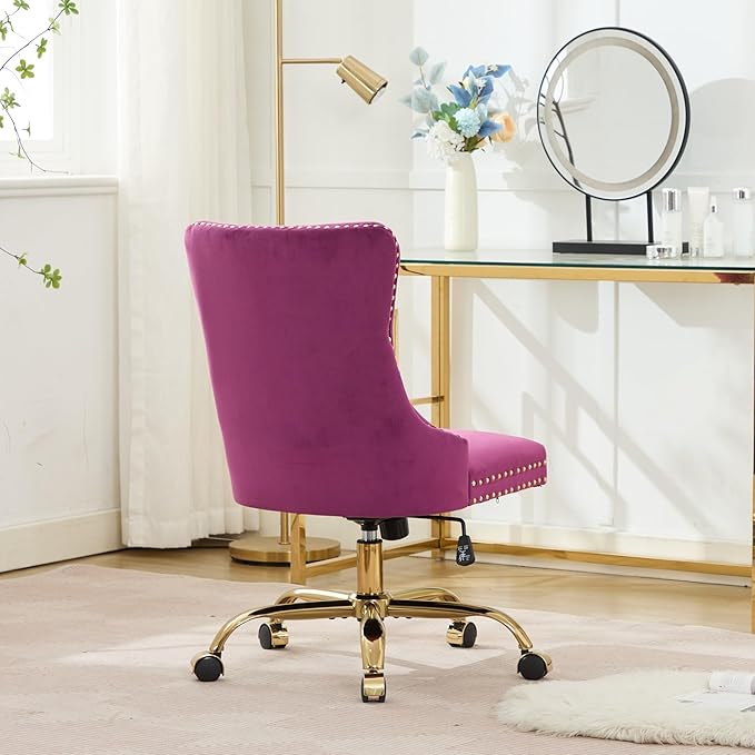 Goujxcy Desk Chair, Modern Velvet Upholstered Tufted Button Home Office Chair, 360° Swivel Armless Desk Chairs, 120°Rocking Ergonomic Computer Task Vanity Chairs, Purple