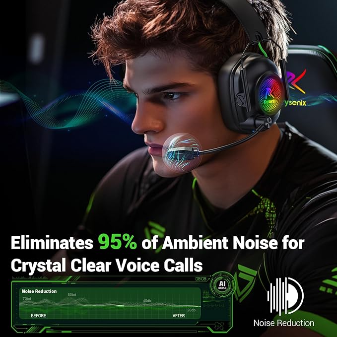 Wireless Gaming Headset with Noise Canceling Microphone for PC, PS5, PS4, Switch, Mac, 2.4 GHz Wireless & Bluetooth 5.4 Gaming Headphones, Cool RGB Lighting, 40Hr Battery, 50mm Drivers(Black Blue)