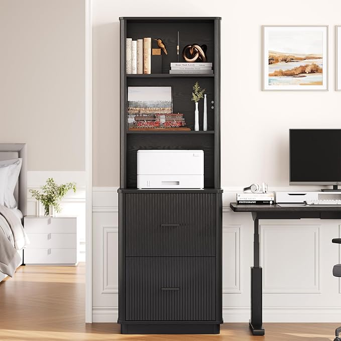 ONBRILL 71" Tall Fluted Bookcase with 2 File Drawers, Curved Design Display Bookshelf with Storage, Mid-Century Modern 3 Tier Bookcase with Sturdy Pedestal for Home Office, Living Room, Black