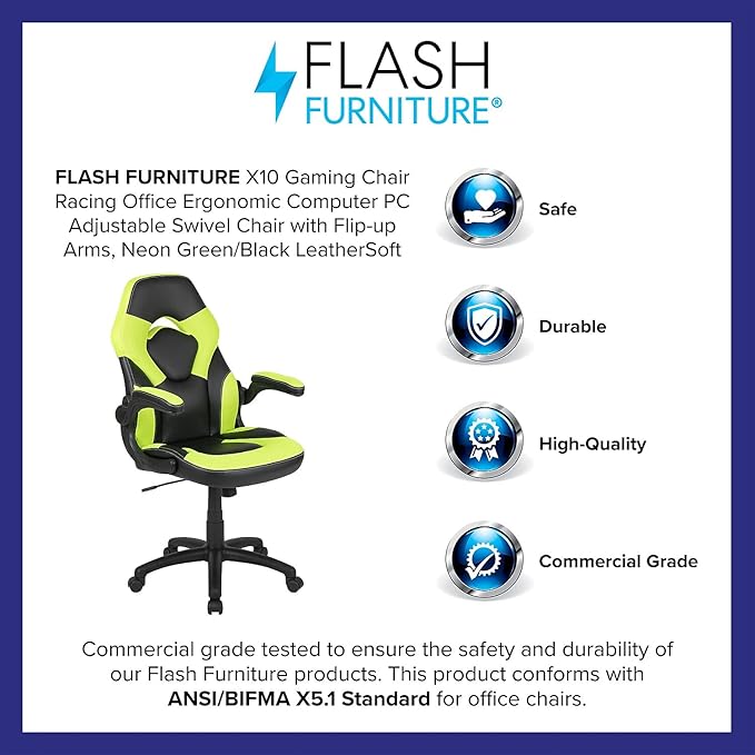 Flash Furniture X10 Gaming Chair Racing Office Ergonomic Computer PC Adjustable Swivel Chair with Flip-up Arms, Neon Green/Black LeatherSoft