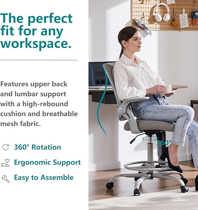 DUMOS Drafting Chair for Standing Desk, Counter Height Adjustable, Flip-up Arms, Ergonomic Mid Back Mesh Rolling Work Swivel Office Computer Chairs with Wheels, Grey