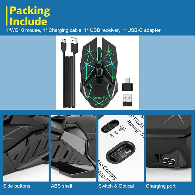 CHONCHOW Rechargeable Wireless Gaming Mouse, 7 Buttons, Up to 3200 DPI, RGB LED, USB-C, Side Buttons, 2.4G, Long Charging Cable,Compatible PC Laptop Win Mac Chromebook, Black