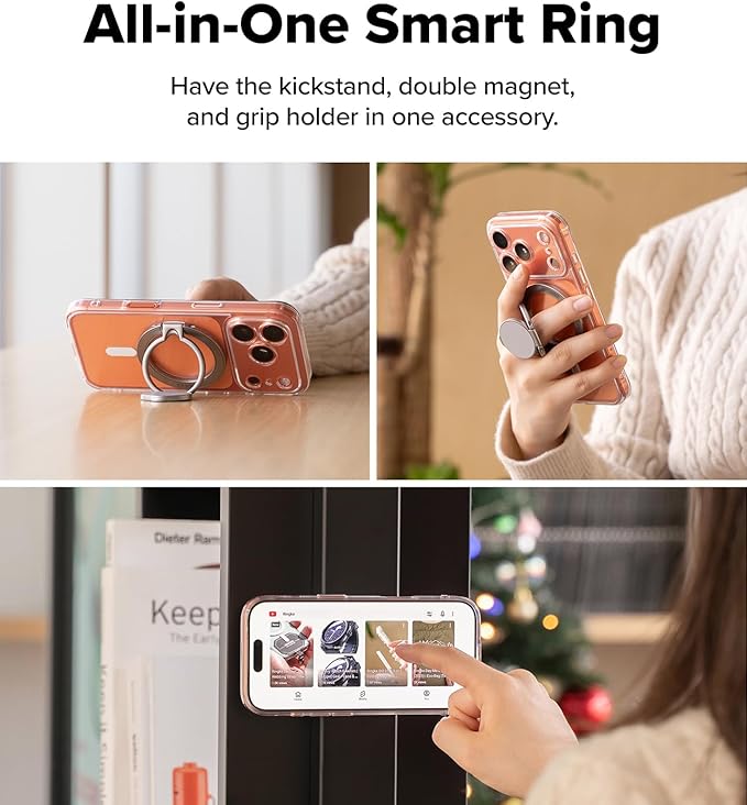 Ringke Dual Magnetic Smart Holder [Compatible with MagSafe] Phone Grip, Dual-Sided Powerful Magnet, Multi-Angle Hinge 3-Tier Foldable Kickstand for Gym, iPhone, Galaxy, Pixel - Satin Silver