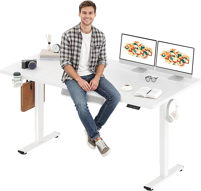 SANODESK Electric Standing Desk 71 x 32 Inches, Height Adjustable Sit Stand with Large Splice Board Desktop for Home Office, Computer Workstations，Memory Ergonomic Computer Desk, White Frame/White Top
