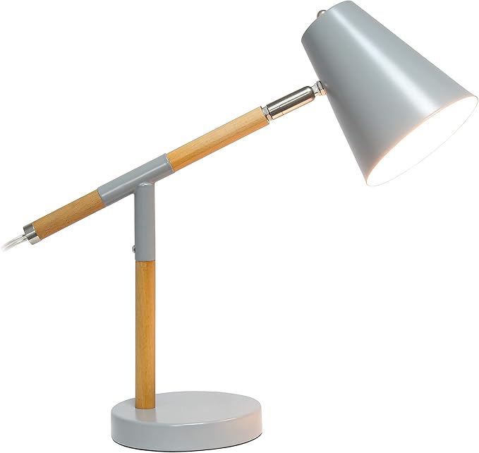 Simple Designs LD1059-GRY Gray Matte and Wooden Pivot Desk Lamp