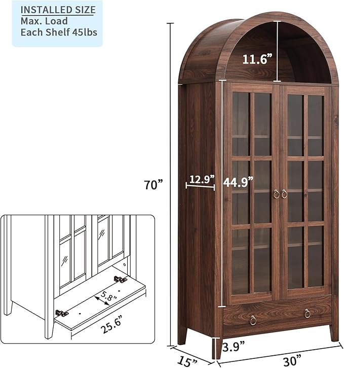 70" Tall Arched Cabinet, Modern Farmhouse Wooden Display Cabinet with Glass Doors, 6 Tier Bookshelf w/Adjustable Shelves for Living Room, Office, Walnut