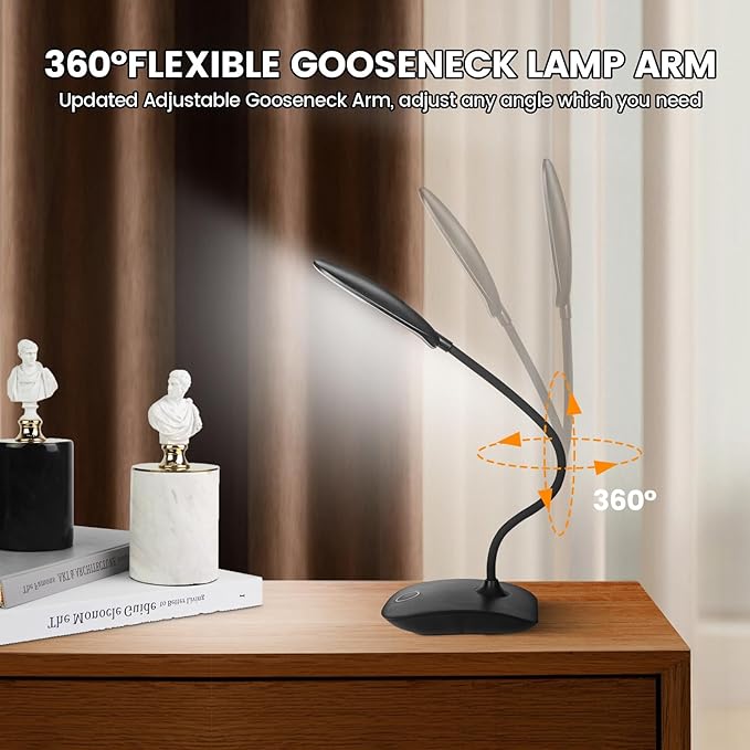 Battery Powered Desk Lamp, Portable Lamps Rechargeable 3 Color Mode Touch Control Stepless Dimming, Wireless Desk Lamp with 2000mAh, Small LED Table Light for Dorm Study Office Bedroom- Black (2-PACK)