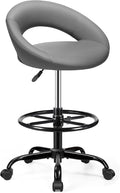 BESTFAIR Drafting Chair for Standing Desk, Height Adjustable Rolling Stool with Backrest & Footrest, Tall 360° Swivel PU Leather Stool Chair with Wheels for Office, Gray