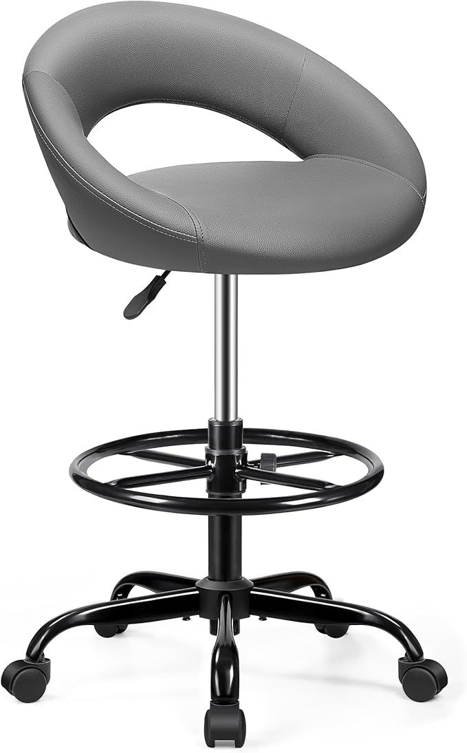 BESTFAIR Drafting Chair for Standing Desk, Height Adjustable Rolling Stool with Backrest & Footrest, Tall 360° Swivel PU Leather Stool Chair with Wheels for Office, Gray