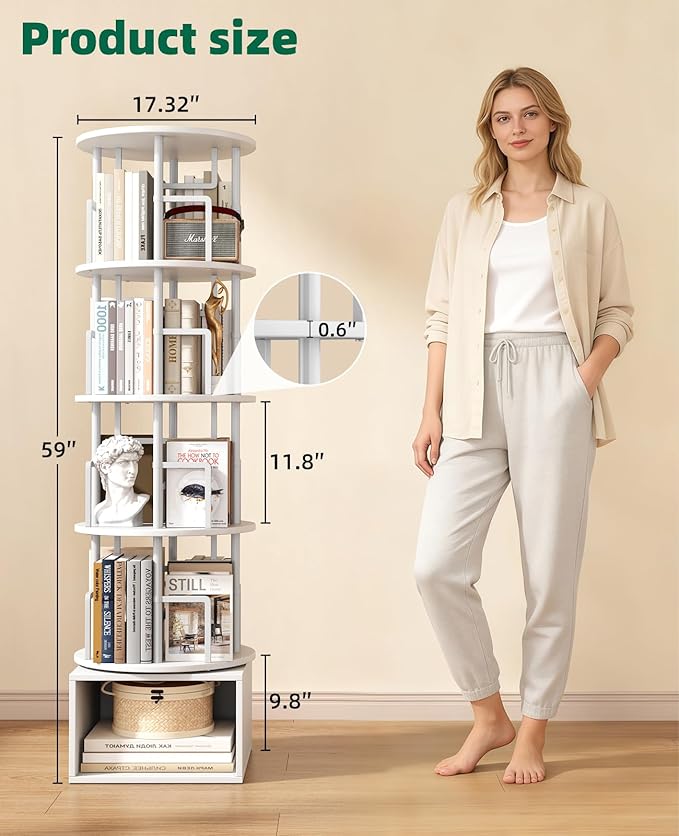 Kalrin 5 Tier Rotating Bookshelf with Extra Storage Cabinet, 360°Spinning Corner Bookshelf, Floor Standing Bookcase for Kids & Adult, Narrow Book Shelf for Bedroom Living Room, Pure White