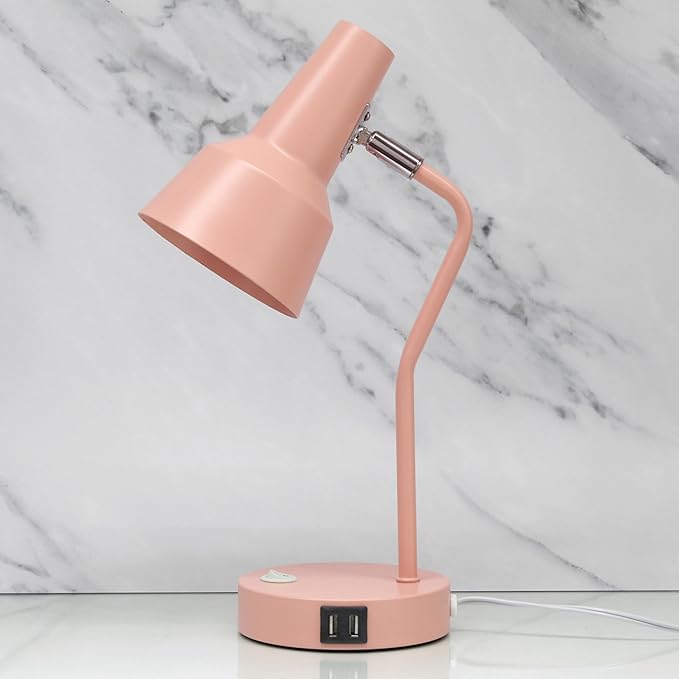 Simple Designs LD1072-BPK 15.2" Sleek Essentials Metal Cone Shade Desk Lamp with Adjustable Shade and Dual USB Ports, for Office, Desk, Nightstand, Dorm, Pink