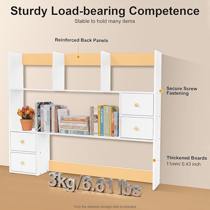 3-Tier Desktop Hutch Bookshelf, 31.5 Inch Desktop Bookshelf Storage Rack with 4 Drawers, Desk Hutch for Computer Monitor, Desk Shelf Bookcase for Home Office Dorm